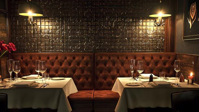 Romantic Restaurant Booth with Warm Lighting and Red Flowers
