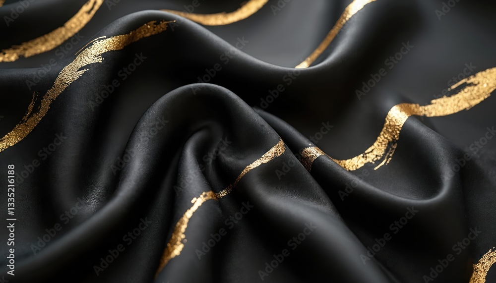 Poster dark wrinkled fabric background with golden lines. elegant black silk texture. luxurious shiny mater