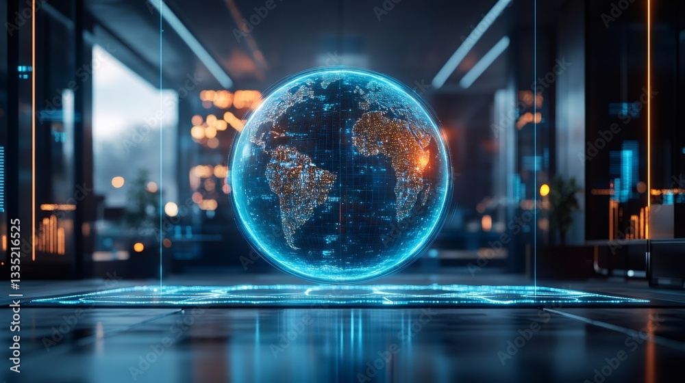 Poster hologram of planet earth rotating in futuristic office setting representing global business and inno