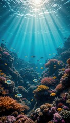 Fototapeta premium Vibrant Coral Reef with Colorful Fish Under Ocean Sunlight