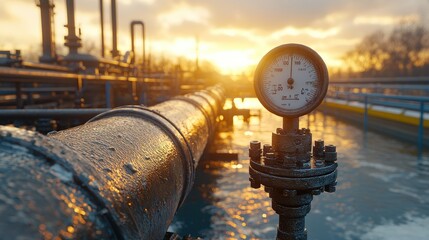 Industrial pipeline pressure gauge at sunset