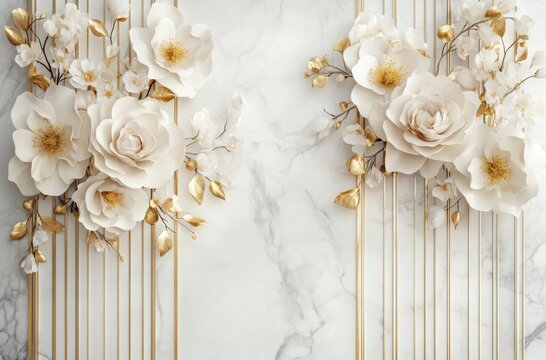 Fototapeta Elegant white paper flowers on marble background with gold accents