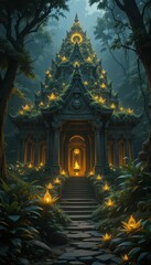Fototapeta premium Mystical Forest Temple with Glowing Flowers and Lush Surroundings