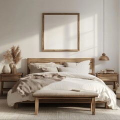 Cozy, light-filled bedroom with natural wooden furniture