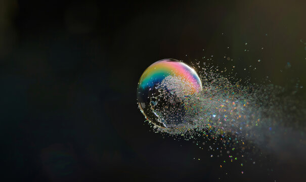 Soap bubble bursting with colorful rainbow trail, subtle grain, soft focus edges, vintage photo. Photo background for your design, blurred motion
