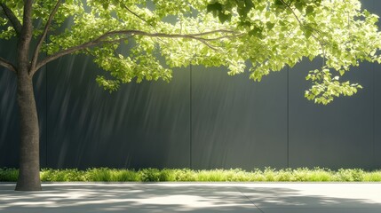 Serene Urban Landscape with Lush Green Tree and Wall Background