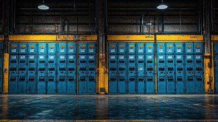 Industrial interior with rows of weathered blue metal doors and yellow frames in a large, dimly lit space