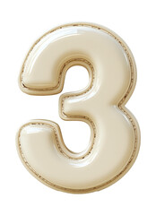Beige Number Three. Glossy Texture. Cream Color. Isolated Image. Transparent Background. Number 3. Png. Decorative Element.