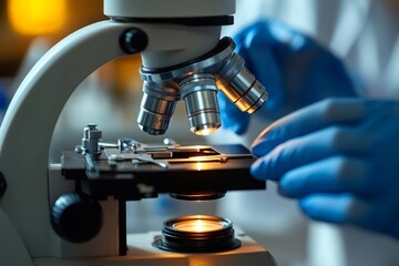 Scientist using a microscope examining samples in a laboratory