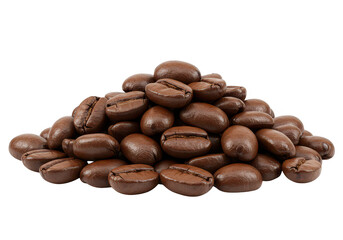 A front view of a heap of rich brown coffee beans isolated on transparent background