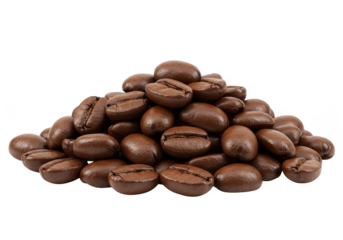 A front view of a heap of rich brown coffee beans isolated on transparent background