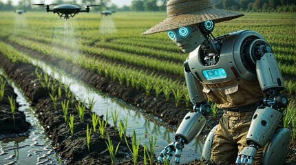 Futuristic Robots and Drones Collaborating for Smart Farming in a Green Field , AI Robotic Farmers Farming In The Field And The Drones Are Spraying Water