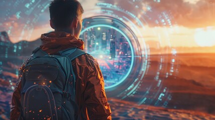 Male Asian figure gazing at a digital portal with futuristic cityscape at sunset.