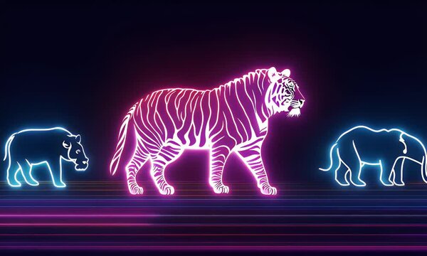 Neon Tiger with Hippo and Elephant Pixel Art Illustration