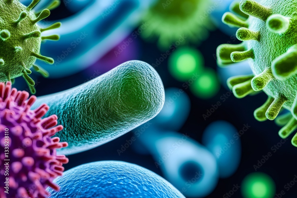Poster microscopic view of various viruses and bacteria interacting