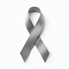 Gray ribbon on white. Symbol of hope, support. Isolated object for charity, awareness campaigns. Health concepts lung cancer, brain tumor, diabetes. Satin bow for banners, social media.