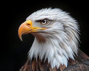 A majestic bald eagle head is shown in a side profile pose
