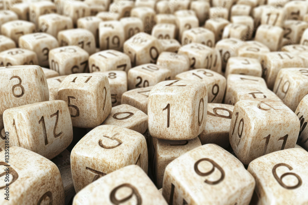 Poster wooden dice with numbers spread across a textured surface create an earthy, serene atmosphere
