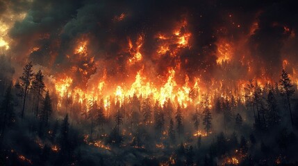 Intense wildfire engulfing a vast forest, billowing smoke and raging flames