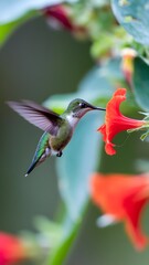 Fototapeta premium Colorful hummingbird hovering near vibrant red trumpet flower in a lush garden setting during a sunny afternoon Generative AI