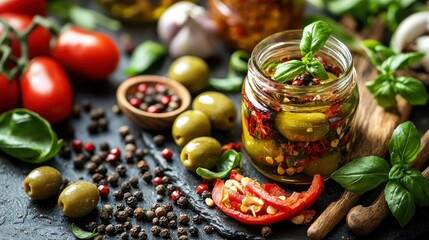 Jar of marinated olives with peppers, basil, and spices