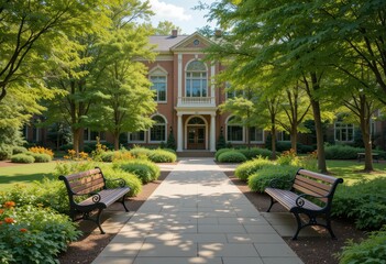 Fototapeta premium Serene Pathway in Lush Garden with Benches and Historic Building