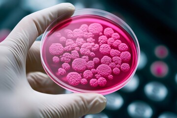 Scientist holding petri dish with growing bacteria colonies