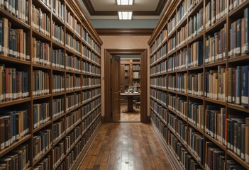 Obraz premium Narrow Passageway Between Two Tall Bookshelves in a Library