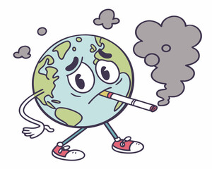 Sad Earth Smoking a Cigarette. Funny vector cartoon illustration of a sad Earth character smoking a cigarette with smoke clouds around.