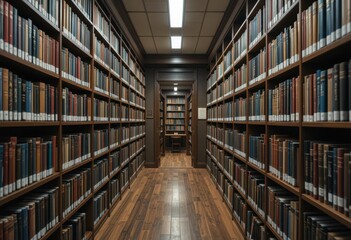 Obraz premium Serene Library Corridor with Tall Bookshelves and Warm Lighting