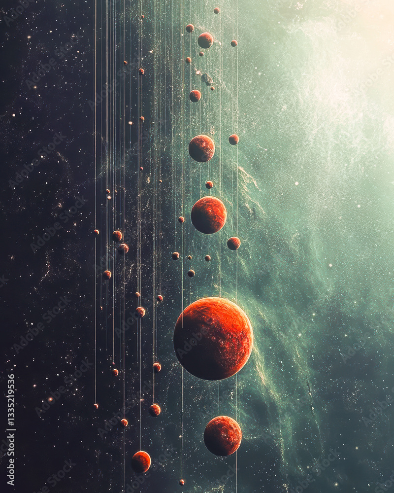 Poster alignment of celestial spheres showcases cosmic harmony in a tranquil universe