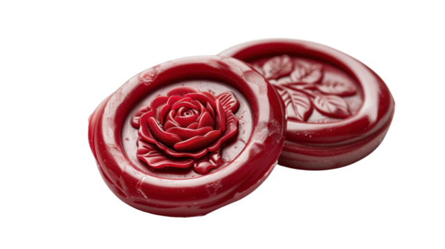 Two red wax seals with rose and leaves embossed design on transparent background - Powered by Adobe