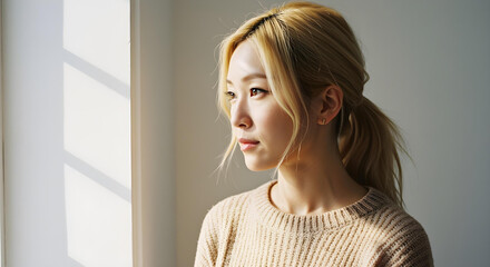 Realistic headshot of an asian woman in her 30s, blonde hair in a ponytail, casual clothes, white background create with ai