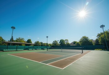 Bright Sunny Day at Empty Tennis Court with Clear Blue Sky