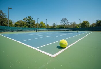 Bright and Sunny Tennis Court with Ball on Edge of the Surface