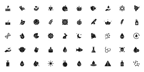 Organic cosmetic icon set. Eco cosmetics icon. Organic natural products. Natural cosmetics. Eco friendly, sensitive skin, vegan, paraben, antibacterial, allergen free, lab tested. Editable Stroke.
