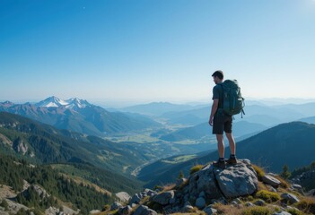 Fototapeta premium Hiker Standing on Rocky Outcrop Overlooking Majestic Mountain View