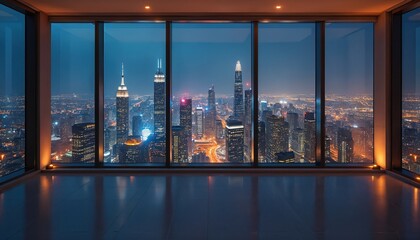 Fototapeta premium Empty room in skyscraper with night city view. Modern apartment interior, clean design. Residential loft space with panoramic windows, concrete floor. Real estate opportunity in high-rise building