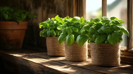 Fresh green basil plants growing in rustic flowerpots by the window