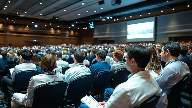 A diverse group of doctors, surgeons, and nurses actively participating in a medical conference, with interactive Q&A sessions and digital health presentations on stage.