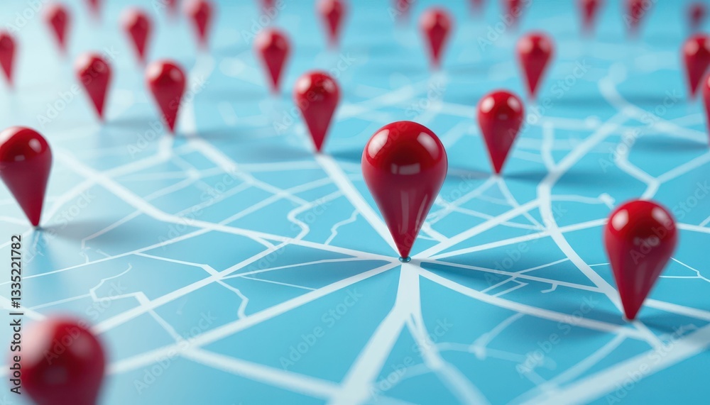 Poster vibrant red location pins on map background for navigation concepts