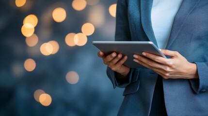 Professional Businesswoman Holding Digital Tablet in Urban Environment with Soft City Lights and Natural Diffused Glow