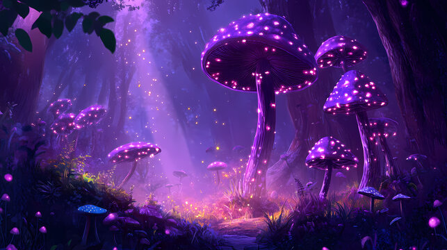 Whispers of enchantment in a mysterious forest filled with glowing purple mushrooms at twilight. Whispering Mushrooms. Illustration