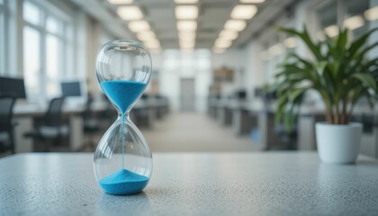 Hourglass with Blue Sand in Modern Office Environment