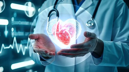 A medical professional in a white coat holds a glowing virtual heart in their hands, symbolizing advanced cardiology, health care, and heart disease prevention. A futuristic repres