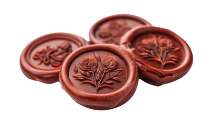 Four red wax seals with floral and ornamental designs on transparent background
