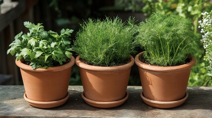 Fototapeta premium Aromatic herbs growing in terracotta pots on a wooden surface