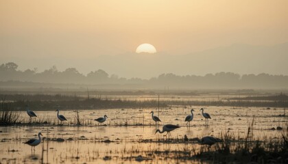 Naklejka premium Serene Sunrise over Marshland with Herons and Beautiful Light