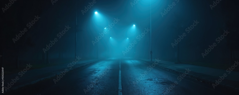 Poster dark blue foggy street at night with cyan light from lanterns. wet asphalt texture and light reflect