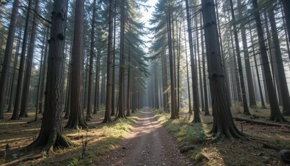 Fototapeta premium Serene Pathway Through Tall Evergreen Trees in Misty Forest